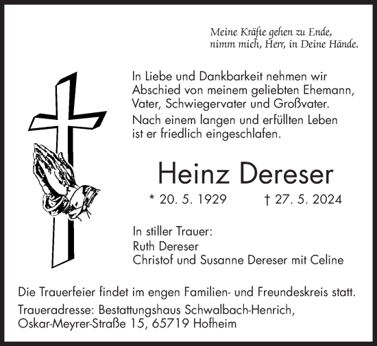 Traueranzeige von Heinz Dereser 
