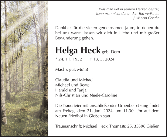 Traueranzeige von Helga Heck von Giessener Anzeiger, Giessener Allgemeine, Alsfelder Allgemeine