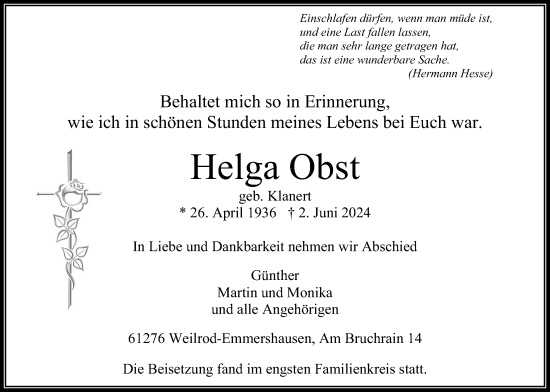 Traueranzeige von Helga Obst von Usinger Anzeigenblatt