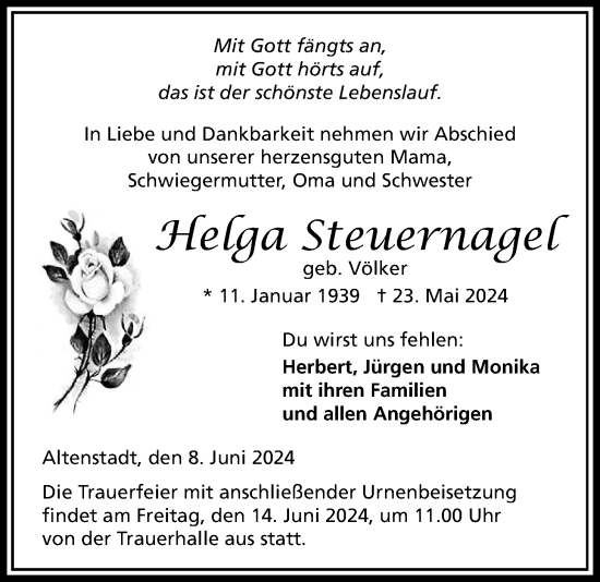 Traueranzeige von Helga Steuernagel von Kreis-Anzeiger