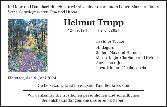 Traueranzeige von Helmut Trupp von Wetterauer Zeitung