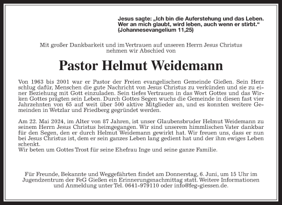 Traueranzeige von Helmut Weidemann von Giessener Allgemeine, Alsfelder Allgemeine