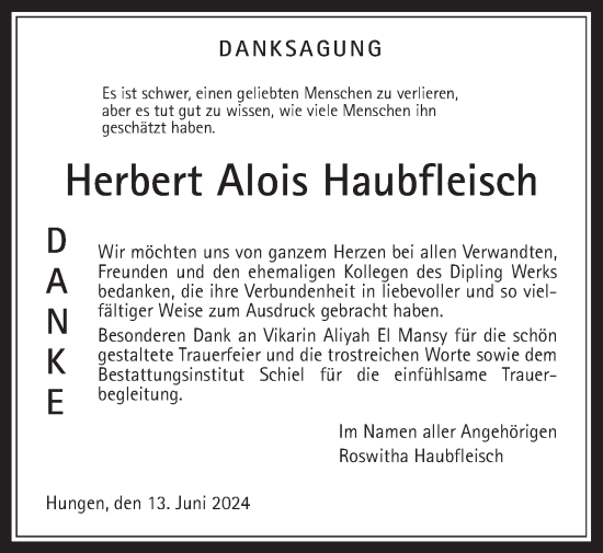 Traueranzeige von Herbert Alois Haubfleisch von Licher Wochenblatt