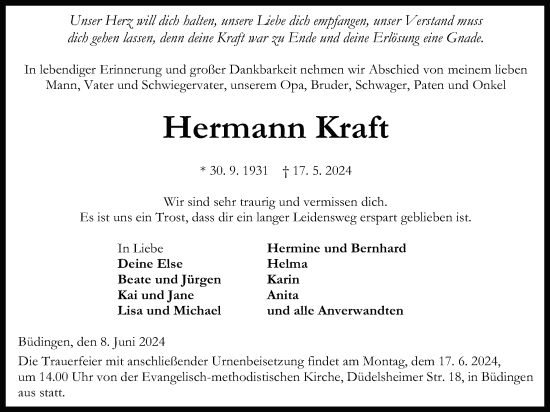 Traueranzeige von Hermann Kraft von Kreis-Anzeiger