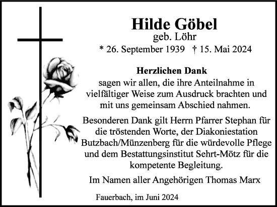 Traueranzeige von Hilde Göbel von Butzbacher Zeitung