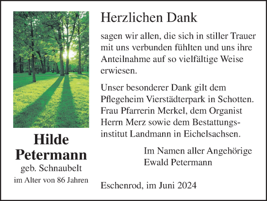 Traueranzeige von Hilde Petermann von Kreis-Anzeiger