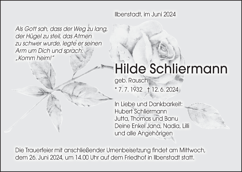  Traueranzeige für Hilde Schliermann vom 22.06.2024 aus Wetterauer Zeitung