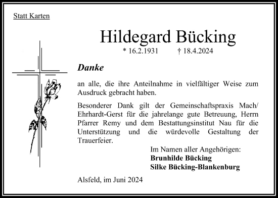 Traueranzeige von Hildegard Bücking von Oberhessische Zeitung