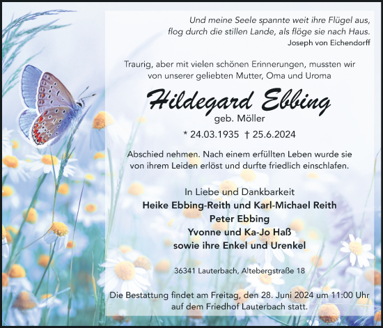 Traueranzeige von Hildegard Ebbing von Lauterbacher Anzeiger