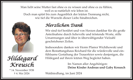 Traueranzeige von Hildegard Kreusch von Kreis-Anzeiger