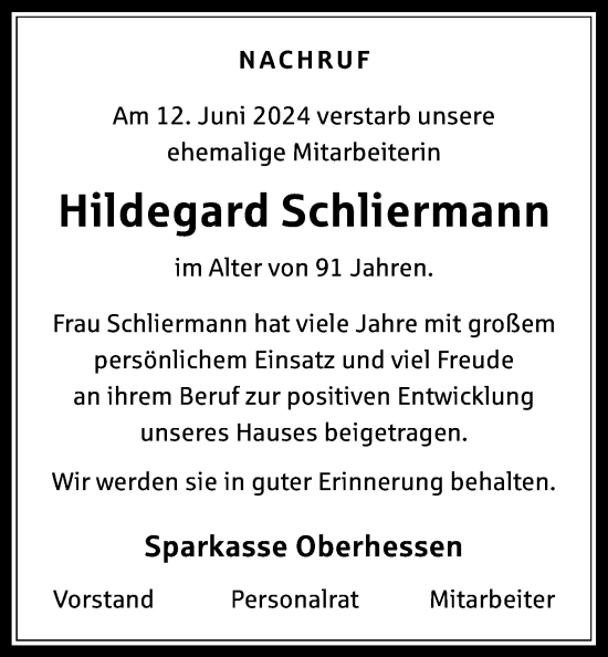 Traueranzeige von Hildegard Schliermann von Wetterauer Zeitung