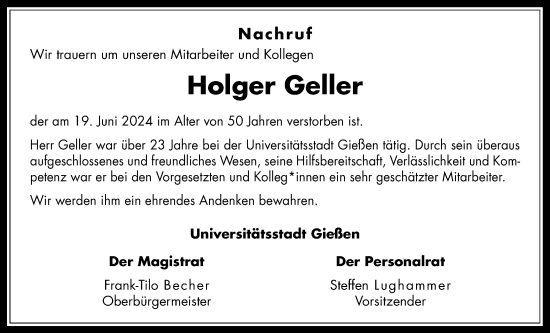 Traueranzeige von Holger Geller von Giessener Allgemeine, Alsfelder Allgemeine, Giessener Anzeiger