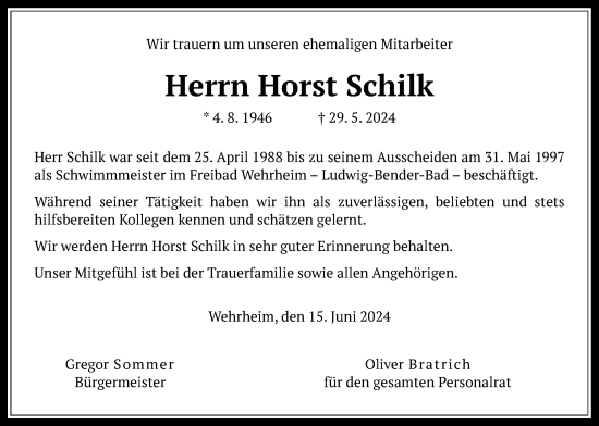 Traueranzeige von Horst Schilk von Usinger Anzeigenblatt