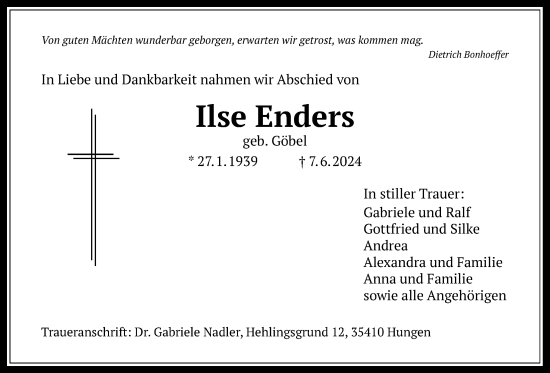 Traueranzeige von Ilse Enders von Licher Wochenblatt