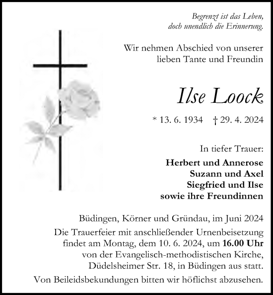 Traueranzeige von Ilse Loock von Kreis-Anzeiger