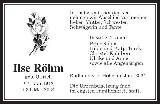 Traueranzeige von Ilse Röhm von Wetterauer Zeitung