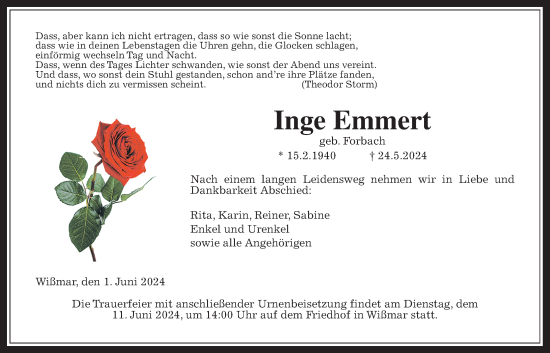 Traueranzeige von Inge Emmert von Giessener Allgemeine, Alsfelder Allgemeine