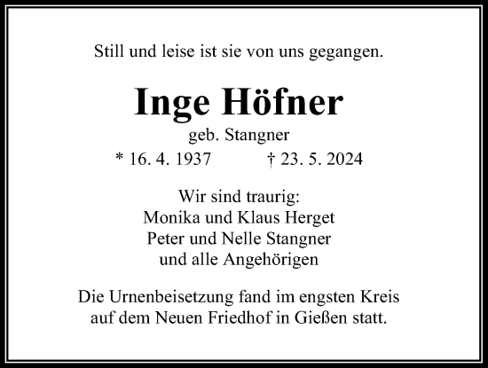 Traueranzeige von Inge Höfner von Giessener Allgemeine, Alsfelder Allgemeine