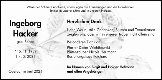 Traueranzeige von Ingeborg Hacker 