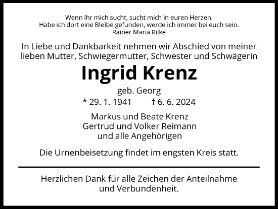 Traueranzeige von Ingrid Krenz von Kreis-Anzeiger