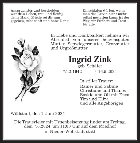 Traueranzeige von Ingrid Zink von Wetterauer Zeitung