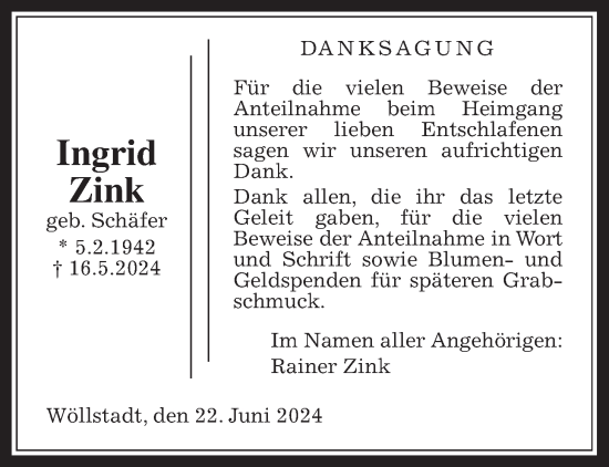 Traueranzeige von Ingrid Zink von Wetterauer Zeitung