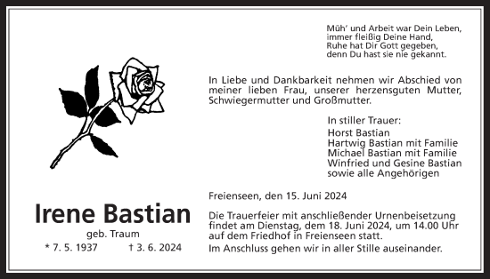 Traueranzeige von Irene Bastian von Giessener Allgemeine, Alsfelder Allgemeine