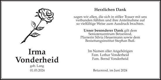 Traueranzeige von Irma Vonderheid von Kreis-Anzeiger