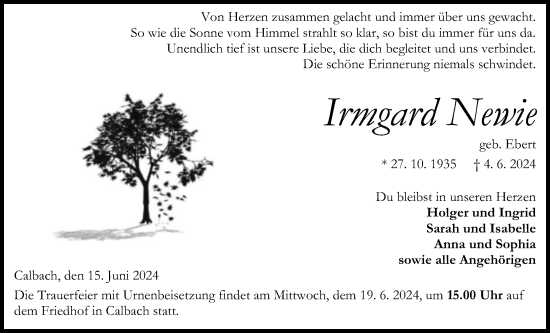 Traueranzeige von Irmgard Newie von Kreis-Anzeiger
