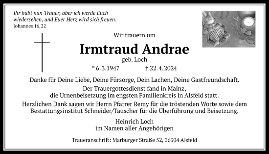 Traueranzeige von Irmtraud Andrae von Oberhessische Zeitung