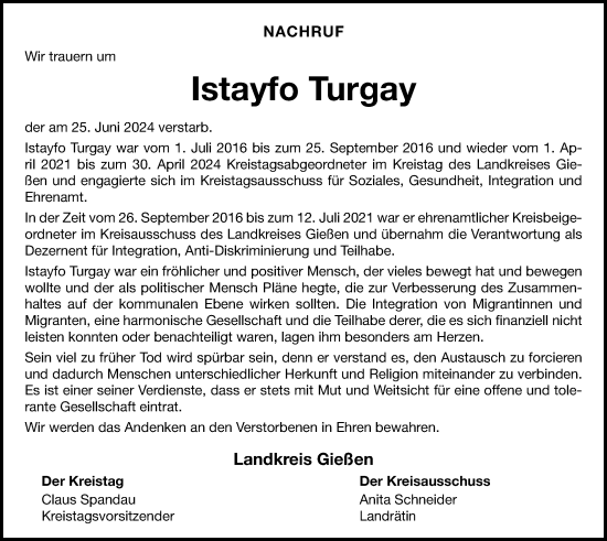 Traueranzeige von Istayfo Turgay von Giessener Allgemeine, Alsfelder Allgemeine, Giessener Anzeiger
