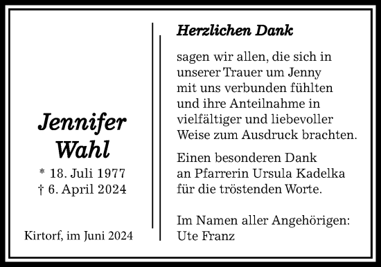 Traueranzeige von Jennifer Wahl von Oberhessische Zeitung
