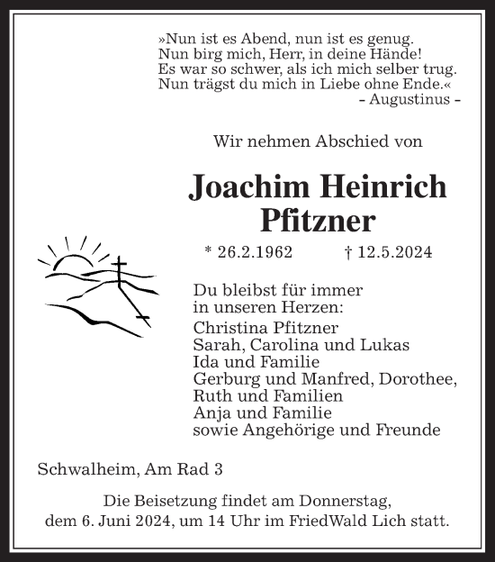 Traueranzeige von Joachim Heinrich Pfitzner von Wetterauer Zeitung