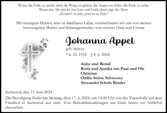 Traueranzeige von Johanna Appel von Kreis-Anzeiger