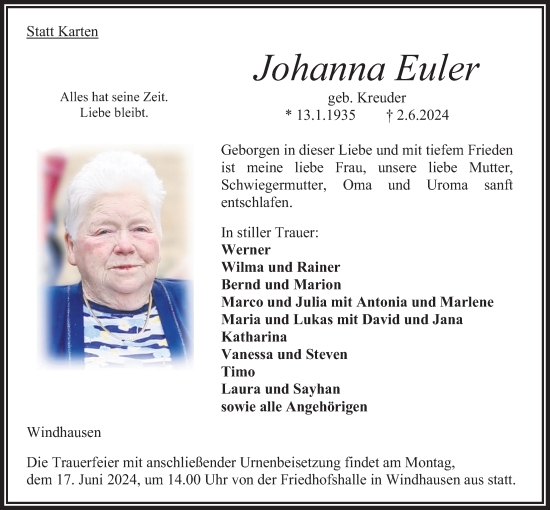 Traueranzeige von Johanna Euler von Oberhessische Zeitung, , 