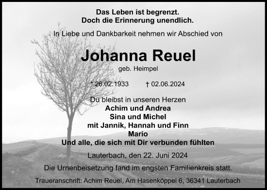 Traueranzeige von Johanna Reuel von Lauterbacher Anzeiger