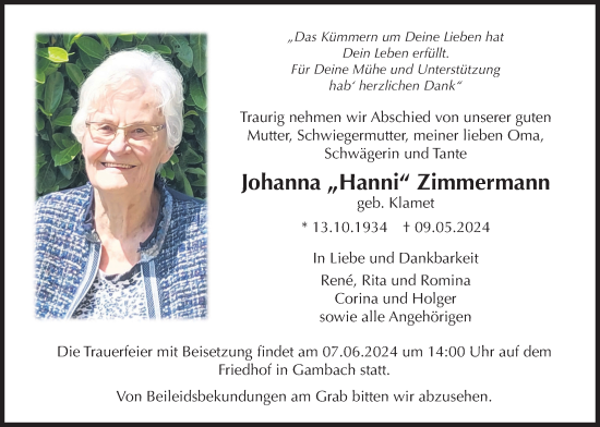 Traueranzeige von Johanna Zimmermann von Butzbacher Zeitung