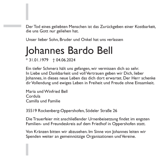 Traueranzeige von Johannes Bardo Bell von Butzbacher Zeitung