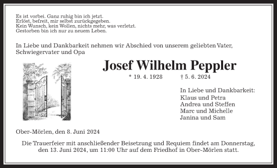 Traueranzeige von Josef Wilhelm Peppler von Wetterauer Zeitung