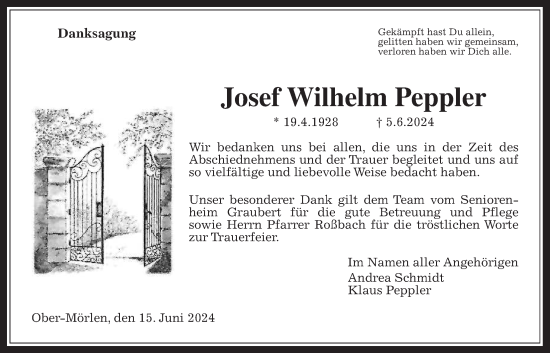 Traueranzeige von Josef Wilhelm Peppler von Wetterauer Zeitung