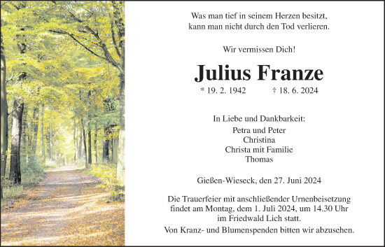 Traueranzeige von Julius Franze von Giessener Allgemeine, Alsfelder Allgemeine