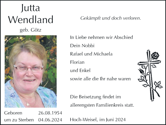 Traueranzeige von Jutta Wendland von Butzbacher Zeitung