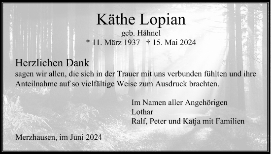 Traueranzeige von Käthe Lopian von Usinger Anzeiger