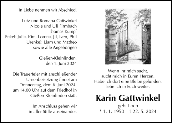 Traueranzeige von Karin Gattwinkel von Giessener Anzeiger, Giessener Allgemeine, Alsfelder Allgemeine