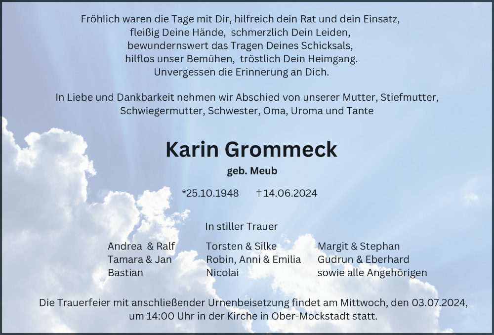  Traueranzeige für Karin Grommeck vom 29.06.2024 aus Kreis-Anzeiger