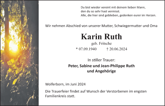 Traueranzeige von Karin Ruth von Kreis-Anzeiger
