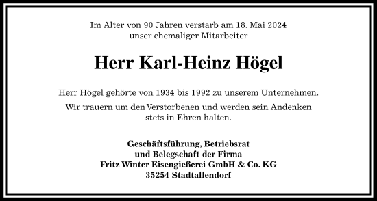 Traueranzeige von Karl-Heinz Högel von Laubacher Anzeiger