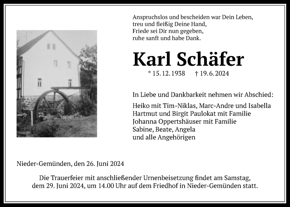  Traueranzeige für Karl Schäfer vom 26.06.2024 aus Alsfelder Allgemeine, Oberhessische Zeitung