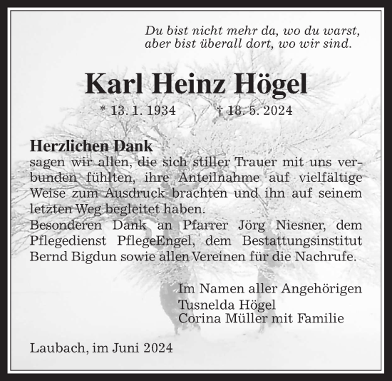 Traueranzeige von Karl Heinz Högel von Laubacher Anzeiger