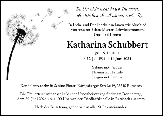 Traueranzeige von Katharina Schubbert von Butzbacher Zeitung